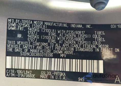 2011 Toyota Sienna Xle V6 из США, поврежденный, VIN 5TDYK3DC8BS019396